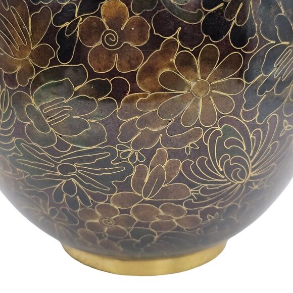 Vtg Chinese Cloisonne Ginger Jar & Lid Thousand Flower Design Brass Browns Gold - Picture 6 of 16